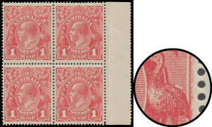 ONE PENNY RED COMB PERF SMOOTH PAPER: PLATE 1: Watermark Inverted with Saddle on Emu BW #71a(1)e being the last unit in a marginal block of 4 from the right of the left-hand pane, exceptional centring, unmounted, Cat $475 for the mounted variety plus thre