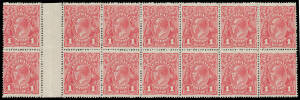 ONE PENNY RED COMB PERF SMOOTH PAPER: Plate 1 block of 14 (7x2) with four Die I-II Pairs BW #71(1)ia and the first unit - from the left-hand pane - with Saddle on Emu #71(1)e, some characteristic irregular perfs, one Die II unit is very lightly mounted, o