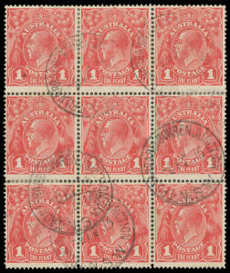 ONE PENNY RED COMB PERF SMOOTH PAPER: Plate 1 block of 9 with six Die II units & consequently three Die I-II pairs BW #71(1)ia, scarce 'TPO NARRABRI- BURREN JUNCTION/8FE15/NSW' cds. A terrific usage.