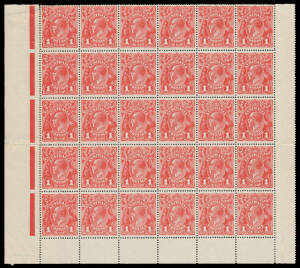 ONE PENNY RED COMB PERF SMOOTH PAPER: Plate 1 lower-left corner No Monogram block of 30 (6x5) BW #71(1)z, well centred, unmounted, Cat $2000++ (mounted).