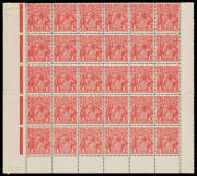 ONE PENNY RED COMB PERF SMOOTH PAPER: Plate 1 lower-left corner No Monogram block of 30 (6x5) BW #71(1)z, well centred, unmounted, Cat $2000++ (mounted).