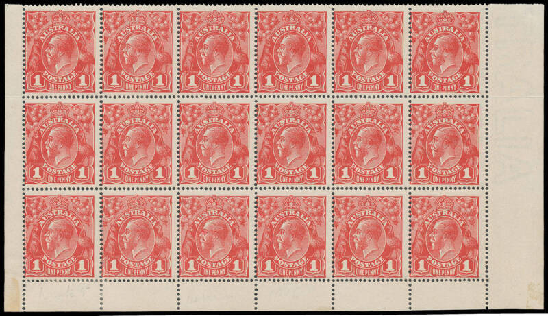 ONE PENNY RED COMB PERF SMOOTH PAPER: Plate 1 No Monogram block of 18 (6x3) from the right-hand pane BW #71(1)za with six Die I-II pairs BW #71(1)ia, significantly off-centre, the first unit in the last row mounted otherwise unmounted, Cat $9250++ for a m