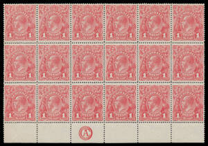 ONE PENNY RED COMB PERF SMOOTH PAPER: Plate 1 'CA' Monogram block of 18 (6x3, no margin at left) BW #71(1)zb, well centred, unmounted, Cat $920++ (mounted).