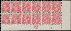 ONE PENNY RED COMB PERF SMOOTH PAPER: Plate 1 'CA' Monogram block of 12 (6x2) fBW #71(1)zd with three Die I-II pairs BW #71(1)ia, unmounted, Cat $5250++ for a mounted No Monogram strip of 3 plus three unmounted Die I-II pairs (one Die II unit is "recumben