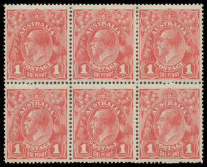 ONE PENNY RED COMB PERF SMOOTH PAPER: Plate 2 block of 6 [33-35/39-41] from a very early printing before appearance of the Pre-Substituted Clich&eacute;s Rust Flaws [34-35] but with Thin 'G' of 'POSTAGE' and Pregnant 'Y' of 'PENNY' BW #71(2)L & m, well centred, 