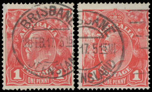 ONE PENNY RED COMB PERF SMOOTH PAPER: Plate 2 Rusted (Pre-Substituted Clich&eacute;s) BW #71(2)j & k, the latter is superb, both with Brisbane machine cancels, Cat $1500+. [35] with Simon Dunkerley Certificate (2006) that states "...an extreme example of the rus