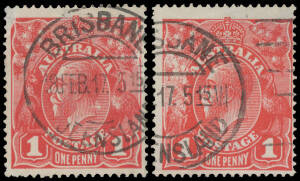 ONE PENNY RED COMB PERF SMOOTH PAPER: Plate 2 Rusted (Pre-Substituted Clichés) BW #71(2)j & k, the latter is superb, both with Brisbane machine cancels, Cat $1500+. [35] with Simon Dunkerley Certificate (2006) that states "...an extreme example of the rus