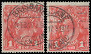ONE PENNY RED COMB PERF SMOOTH PAPER: Plate 2 Rusted (Pre-Substituted Clich&eacute;s) BW #71(2)j & k, the latter is superb, both with Brisbane machine cancels, Cat $1500+. [35] with Simon Dunkerley Certificate (2006) that states "...an extreme example of the rus