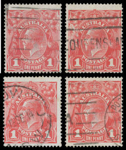 ONE PENNY RED COMB PERF SMOOTH PAPER: Plate 2 Rusted (Pre-Substituted Clichés) BW #71(2)j & k "reconstructed block" including the units below with Thin 'G' & Pregnant 'Y #71(2)L & m, various cancels, Cat $1680.