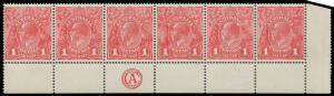 ONE PENNY RED COMB PERF SMOOTH PAPER: PLATE 3: 'CA' Monogram strip of 6 - no side margin at right - BW #71(3)zb with Notched Upper-Right Corner [L59], well centred, unmounted, Cat $800+ (mounted).