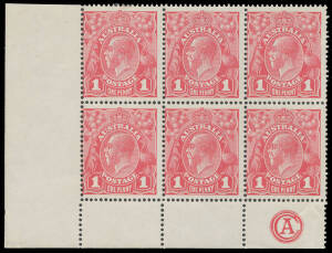 ONE PENNY RED COMB PERF SMOOTH PAPER: Plate 3 'CA' Monogram block of 6 [L49-51/55-57] BW #71(3)zb, the first unit - minor adhesion on the face of the upper perfs - with Scratch behind Kangaroo #71(3)j, unmounted, Cat $850++ (mounted).