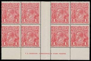 ONE PENNY RED COMB PERF SMOOTH PAPER: Plate 3 TS Harrison One-Line Imprint block of 8 (4x2) with Emu Droppings BW #71Y(3)zf, one upper unit very lightly mounted otherwise unmounted, Cat $1000+ (mounted).