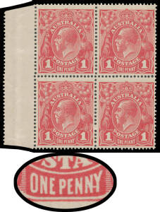 ONE PENNY RED COMB PERF SMOOTH PAPER: Plate 4 Watermark Inverted marginal block of 4 [19-20/25-26] with 'NY' Joined #71(4)o, well centred, the upper units with hinge remainders, the lower units - including the variety - are unmounted, Cat $750++ (mounted)