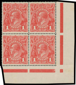 ONE PENNY RED COMB PERF SMOOTH PAPER: Plate 4 lower-right corner block of 4 [53-54/59-60] with White Spot at Lower-Right Corner [54] & Run 'N' First State [60] BW #71(4)s & v, Cat $425+.