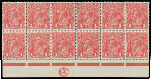 ONE PENNY RED COMB PERF SMOOTH PAPER: Plate 4 scarlet-red G17 'CA' Monogram block of 12 (6x2, no selvedge at right) with the Monogram 1mm below the Jubilee Line BW #71G(4)zb with Ferns and 'RA' of 'AUSTRALIA' Joined #71(4)ia & j, well centred, the lower u