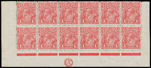 ONE PENNY RED COMB PERF SMOOTH PAPER: Plate 4 rose-carmine G22 'CA' Monogram block of 12 (6x2) with the Monogram 3mm below the Jubilee Line BW #71L(4)zd with Ferns and 'RA' of 'AUSTRALIA' Joined #71(4)ia & j, well centred, unmounted, Cat $1325++ (mounted)