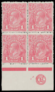 ONE PENNY RED COMB PERF SMOOTH PAPER: Plate 4 'JBC' Monogram block of 4 with the Monogram - Second State with Damage at Left - 3mm below the Jubilee Line BW #71(4)ze, characteristic rough perfs, very lightly mounted & the monogram unit is unmounted, Cat $