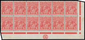 ONE PENNY RED COMB PERF SMOOTH PAPER: Plate 4 scarlet-red G17 'JBC' Monogram block of 12 (6x2, no selvedge at right) with the Monogram 1mm below the Jubilee Line and Run 'N' of 'PENNY' (Second State) BW #71G(4)zd, very well centred, the upper units with s