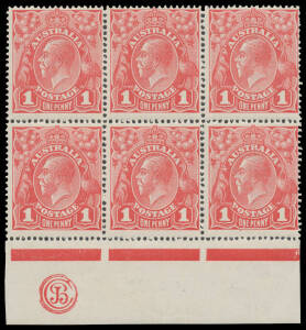 ONE PENNY RED COMB PERF SMOOTH PAPER: Plate 4 'JBC' Monogram (3mm below the Jubilee Line) block of 6 [52-54/58-60] BW #71(4)zh with no margin at right, the second unit very lightly mounted otherwise unmounted, Cat $1750+ (mounted).