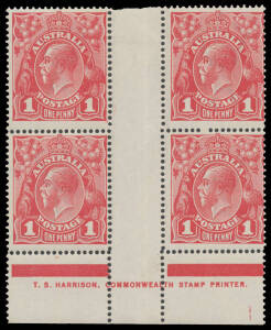 ONE PENNY RED COMB PERF SMOOTH PAPER: Plate 4 TS Harrison One-Line Imprint block of 4 BW #71(4)zj, very lightly mounted, Cat $1000. Superb!