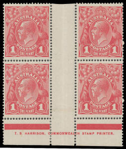 ONE PENNY RED COMB PERF SMOOTH PAPER: Plate 4 Watermark Inverted TS Harrison One-Line Imprint block of 4 with Ferns and Joined 'RA' of 'AUSTRALIA' BW #71Y(4)zj, well centred, very lightly mounted, Cat $1000 plus a significant premium for the watermark bei