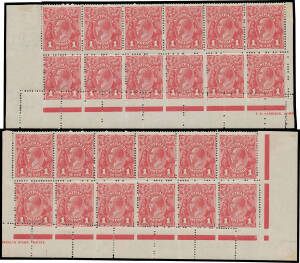 ONE PENNY RED COMB PERF SMOOTH PAPER: Plate 4 block of 24 (12x2; divided through the gutter) with TS Harrison One-Line Imprint with Ferns & 'RA' of 'AUSTRALIA' Joined BW #71(4)zj with the last row of Comb Perforations Misplaced resulting in six "Dwarf" st