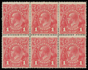ONE PENNY RED COMB PERF SMOOTH PAPER: 1d carmine (aniline) G33 BW #71Z block of 6 (3x2), the fourth unit with 'NY' of 'PENNY' Joined #71(4)o, the upper units with split/rejoined perfs, the lower units - including the variety - are unmounted, Cat $900+ (mo