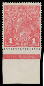 ONE PENNY RED COMB PERF ROUGH PAPER: Aniline carmine marginal single from the base of the sheet with No Watermark BW #72ab, very lightly mounted, Cat $6000.