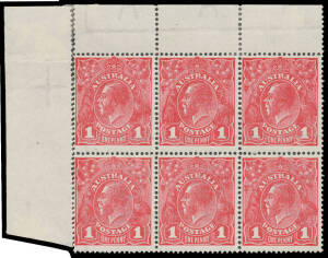 ONE PENNY RED COMB PERF ROUGH PAPER: Aniline carmine upper-left corner block of 6 [L1-3/7-9] from Plate 4, with faux "No Watermark" as BW #72ab but with the marginal watermark line present, also with Secret Mark [1] & Fourth Pearl at Left of Crown Joins L