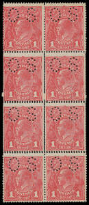 ONE PENNY RED COMB PERF ROUGH PAPER: Carmine G62 perf 'OS' block of 8 (2x4), the four central units with Double Perfs on Three Sides BW #72b, small official repair tapes, Cat $1200+.