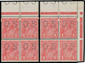 ONE PENNY RED COMB PERF ROUGH PAPER: Rose-red G63 Watermark Inverted perf 'OS' marginal block of 8 (4x2, now split into two blocks of 4), the upper units with Double Perfs on Three Sides BW #72b, small official repair tapes between the upper vertical pair