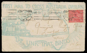 ONE PENNY RED COMB PERF ROUGH PAPER: Single on envelope with pale blue roneo'd illustration 'FIRST MAIL TO CROSS AUSTRALIA OVERLAND/ [train]/ THE LINK THAT BINDS' to Sydney with Perth machine cancel of 24OCT17, minor blemishes; with enclosed letter of sam