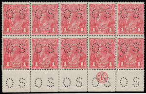 ONE PENNY RED COMB PERF ROUGH PAPER: Plate 1 deep rosine G70 punctured 'OS' 'JBC' Monogram block of 10 (5x2) BW #72bb(1)zc with four Die II units (one with "recumbent" spur & one with "submerged" spur), some split/rejoined perfs, Cat $2000+.
