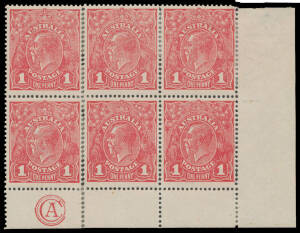 ONE PENNY RED COMB PERF ROUGH PAPER: Plate 1 carmine-rose G74 'CA' Monogram Substituted for 'JBC' block of 6 (3x2) BW #72Q(1)zd, well centred, significant split/rejoined perfs including rejoining of the left-hand pair, Cat $12,500+. [The ACSC states "The 