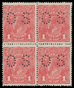 ONE PENNY RED COMB PERF ROUGH PAPER: Plate 2 carmine-rose G74 perf 'OS' block of 4, the last unit with Rusted Upper-Right Corner BW #72(2)e, Cat $400+.