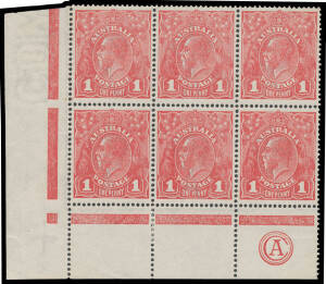 ONE PENNY RED COMB PERF ROUGH PAPER: Plate 2 'CA' Monogram block of 6 [L49-51-55-57] BW #72(2)zb, well centred, the lower units are unmounted, Cat $1100++ (mounted).