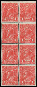 ONE PENNY RED COMB PERF ROUGH PAPER: Plate 3 deep aniline shade block of 8 [R3-4/21-22], the second-last unit with Dot before '1' at Right BW #72I(3)m, the top margin folded over & adhering to the first two units otherwise unmounted, Cat $250++.