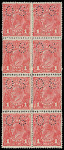 ONE PENNY RED COMB PERF ROUGH PAPER: Plate 3 perf 'OS' block of 8 [R3-4/21-22], the second-last unit with Dot before '1' at Right BW #72bb(3)m, the four central units with Double Perfs on Three Sides #72b with small repair tabs, Cat $1440++.
