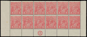 ONE PENNY RED COMB PERF ROUGH PAPER: Plate 3 'CA' Monogram block of 12 [L49-54-55-60] BW #72(3)zb, also with White Scratch behind Roo and Notched Upper-Right Corner #72(3)j & k, tonespot in the margin at left, unmounted, Cat $1400++ (mounted).