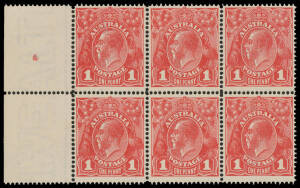 ONE PENNY RED COMB PERF ROUGH PAPER: Plate 4 block of 4 [31-32/37-38] with Wattle Line & Nick near Top of Left-Hand Frame BW #72(4)f & g, a second block after development of the Flaw below Neck # 74(4)h, and Single-Line Perf block of 6 [31-33/37-39] befor