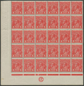 ONE PENNY RED COMB PERF ROUGH PAPER: Plate 4 'CA' Monogram block of 30 [31-36/55-60] BW #72(4)z with Wattle Line, Nick near Top of Left-Hand Frame, Ferns & 'RA' Joined #72(4)f g ia & j but before appearance of the Flaw below Neck, the two upper rows rejoi