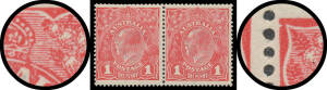 ONE PENNY RED COMB PERF ROUGH PAPER: 1d rosine G68 Plate 4 horizontal pair [L31-32] with Wattle Line and Nick near Top of Left-Hand Frame BW #72i(4)f & g, very lightly mounted, Cat $1400+.