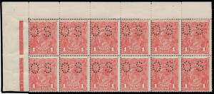 ONE PENNY RED COMB PERF ROUGH PAPER: 1d brownish red G75 punctured 'OS' BW #72Nbb marginal block of 12 [L1-6/7-12] from Plate 3, Strong Compartment Lines especially at the left & top of all six upper units, minor bends, unmounted, Cat $9000++. A marvellou