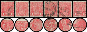 ONE PENNY RED DIE III ON WAR SAVINGS PAPER: Annotated pages with varieties from positions [5] used x2 plus in a mint block of 4 (gum disturbance); [38] mint; [48] mint & used (with the Watermark Inverted), [56] used x2; [57] used x2; and [75] used; plus 