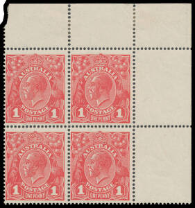 ONE PENNY RED DIE III ON WAR SAVINGS PAPER: Upper-right corner block of 4 [9-10/19-20] with Emu Urinating [10] & White Flaw at Base of '1' at Right [19] BW #75g & i, the third unit is very lightly mounted otherwise unmounted, Cat $1000+.