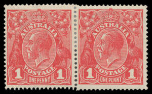 ONE PENNY RED DIE III ON WAR SAVINGS PAPER: Horizontal pair [56-57] with Ruptured 'S' of 'AUSTRALIA' and Marshmallow on Tip of King's Beard BW #75m & n, minor perf reinforcing, Cat $550+.