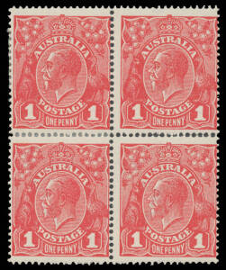 ONE PENNY RED DIE III ON WAR SAVINGS PAPER: Block of 4 [57-58/67-68] with Marshmallow on Tip of King's Beard and Diagonal Flaw at Upper-Left BW #75n & o, separation between the right-hand units both of which are unmounted, Cat $670++ (mounted).