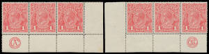 ONE PENNY RED DIE III ON WAR SAVINGS PAPER: 'JBC' and 'CA' Monogram strips of 3 BW #75z & zb, the latter with White Flaw at Lower-Right #75r, unusually well centred for this issue, reinforcing in the margins only otherwise unmounted, Cat $6000+ (mounted).