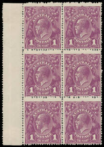 ONE PENNY VIOLET: Annotated pages with a range of listed varieties including in five blocks of 4 & a block of 6 in a very deep shade (BW #76H ???), also TS Harrison Imprint block of 4 (some toning) & a strip of 4, condition variable. Ex Dr Greg Deleuil. 