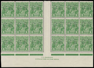 ONE PENNY GREEN: Plate 4 punctured 'OS' TS Harrison ('N' over 'M') Two-Line Imprint block of 18 (6x3) with Retouches to "Ferns", 'RA' of 'AUSTRALIA' Joined and Roo's Tongue Out BW #77ba(4)za, well centred, the twelve lower units are unmounted, Cat $390++ 